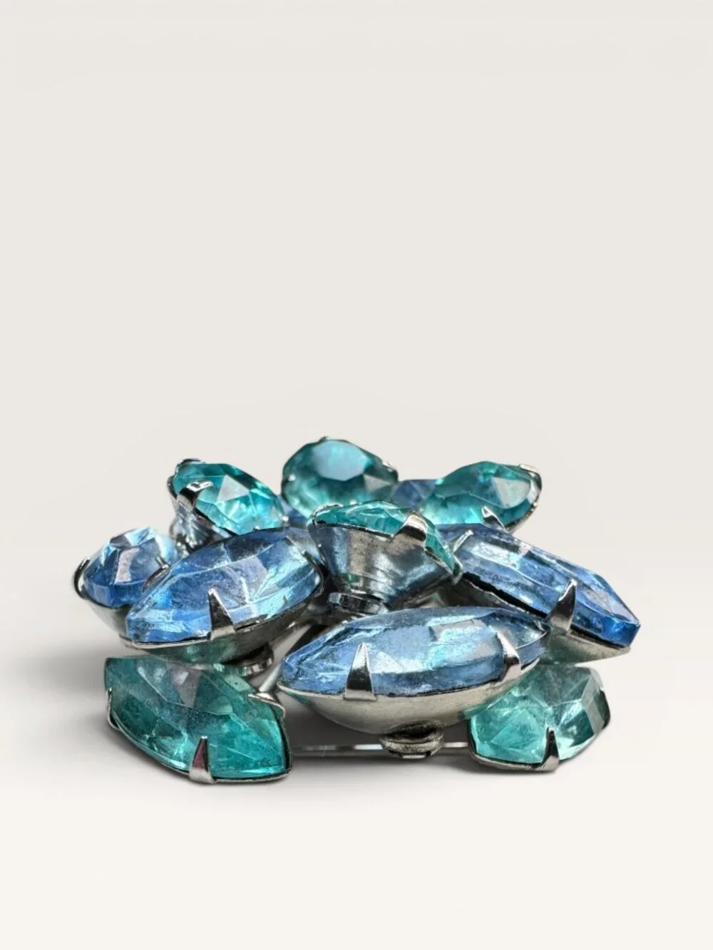 1950s Blue Glass Cluster Brooch Aqua UV Glow Uranium Glass Silver Tone Vintage
